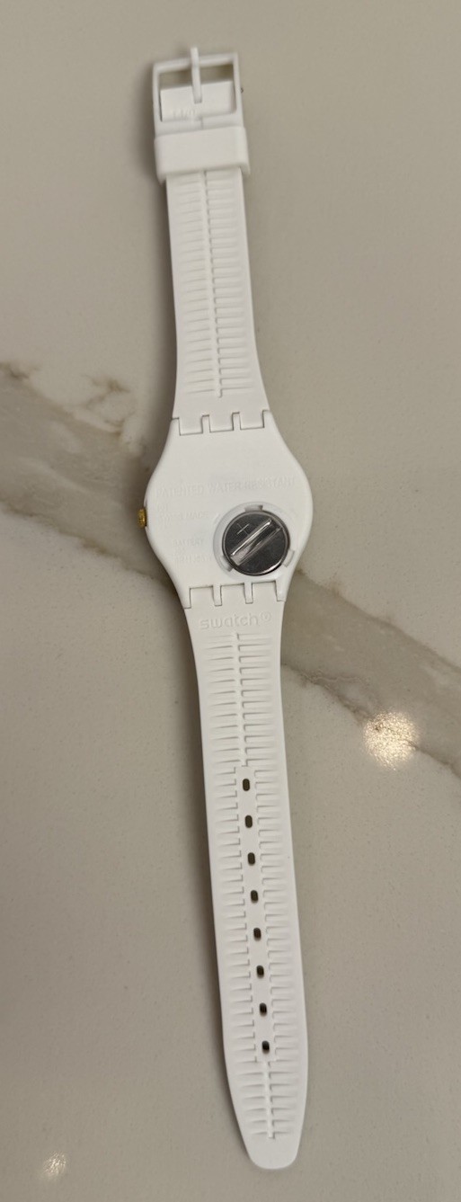 Swatch Wristwatch SR1130SW WR, White Case, Strap Gold Indices. Very Clean Swatch