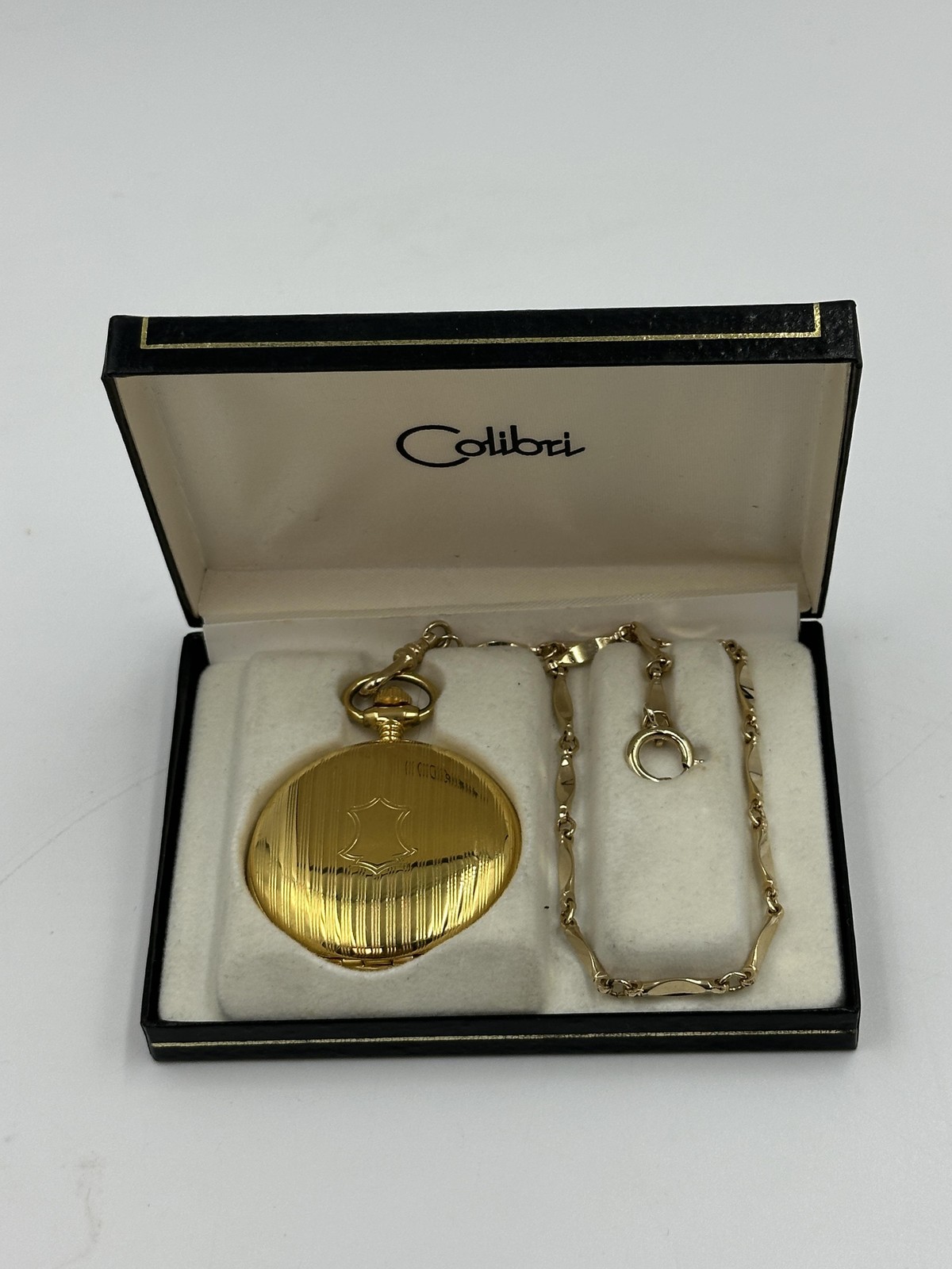 Colibri Pocket Watch Quartz Gold Tone Hunter Case Date Chain Box Swiss See Desc