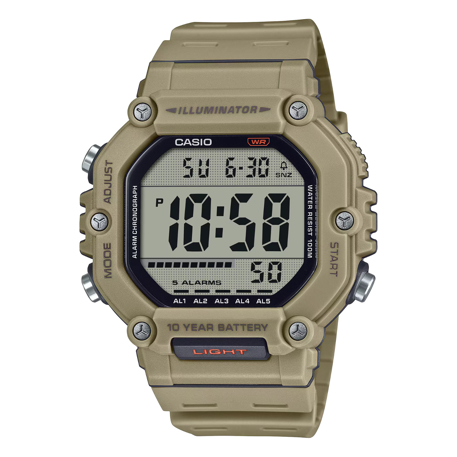 Casio AE1600H-5AV, Chronograph Watch, Beige Resin Band, 5 Alarms, Illuminator