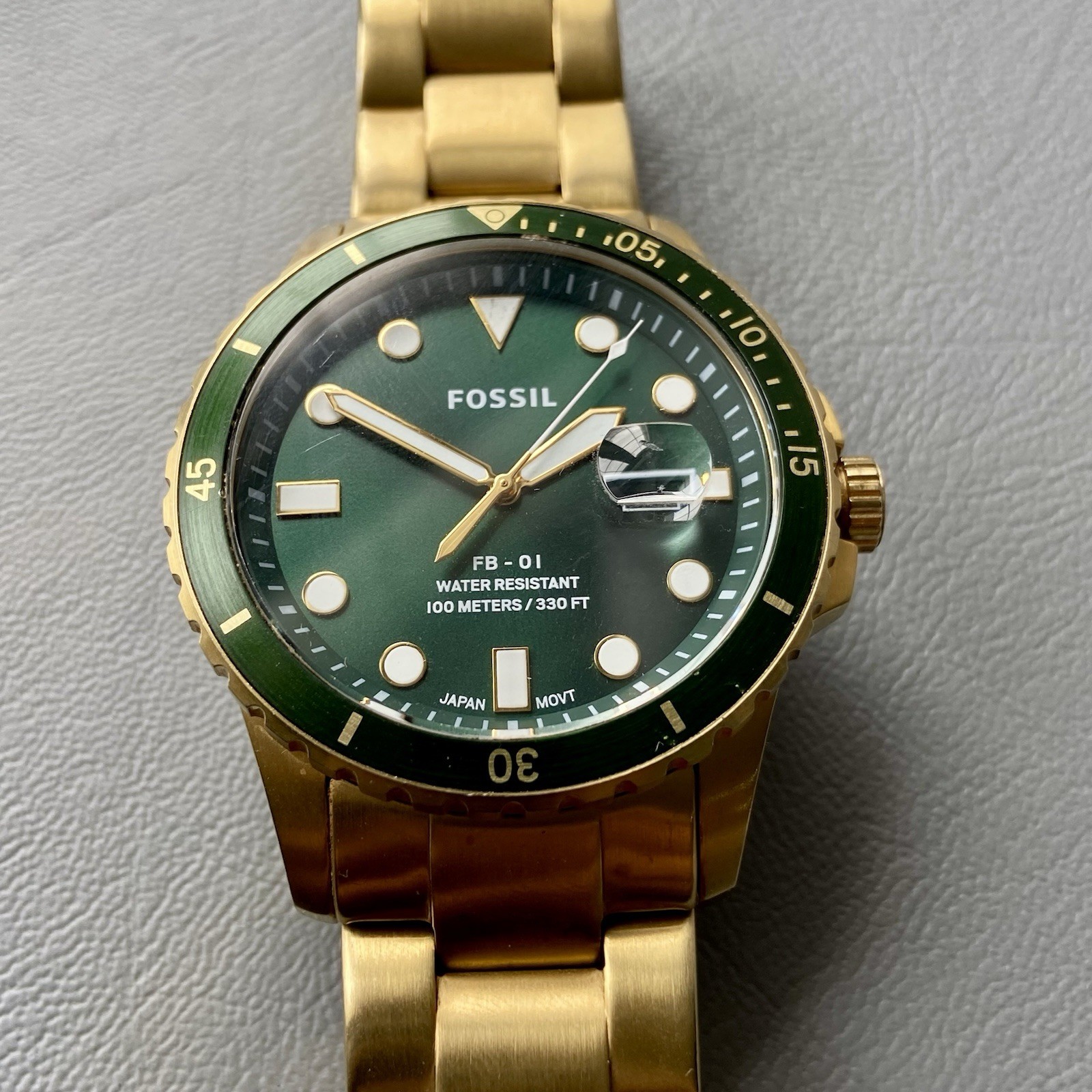 Mens Genuine Fossil Designer Watch Green Gold FB-01 Date FS5658 Serviced