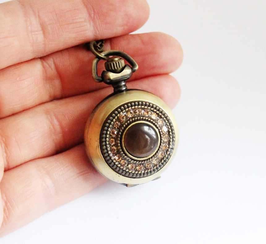 Pocket watch necklace Locket pendant chain vintage style gift for woman mom sis
