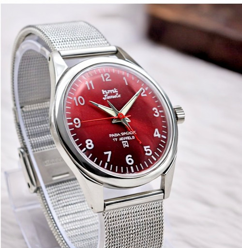 HMT Janata Red Sunburst Dial Mechanical Watch 17 Jewels Para Shock Vintage Men’s