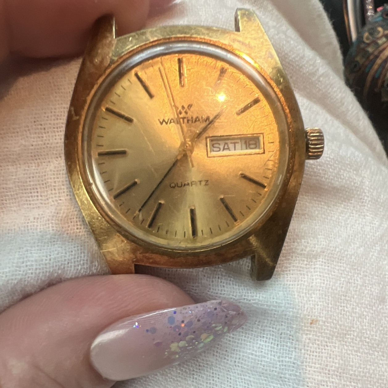 Waltham Quartz Vintage Women’s Day/Date Gold Dial Gold-Plated Brown Leather