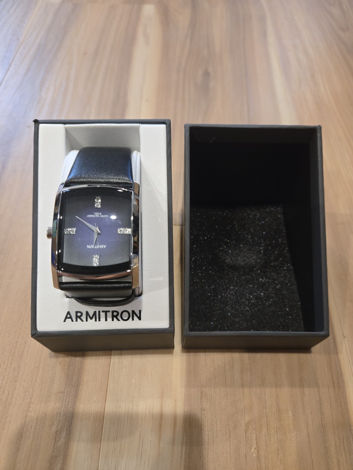 Armitron Men’s Wristwatch Rectangle Black Dial Gemstone Markers Leather Strap