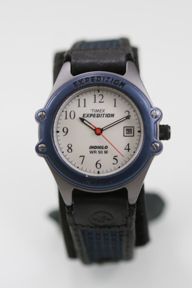 Timex Women Watch Gray Blue Plastic Black Canvas 50m Light Date White Quartz