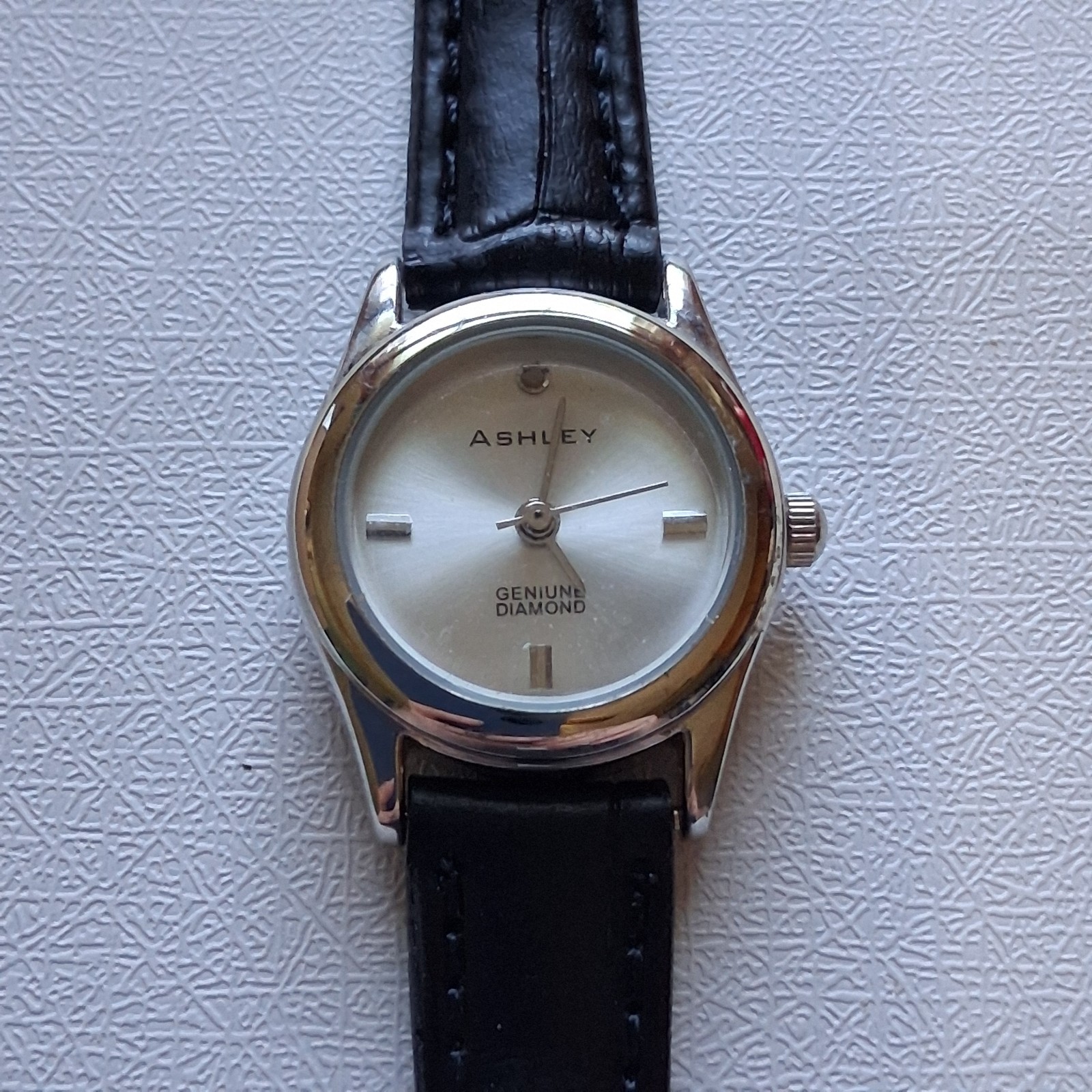 Ashley Women’s Genuine Diamond Watch Black Leather Band New With Tags NWT READ