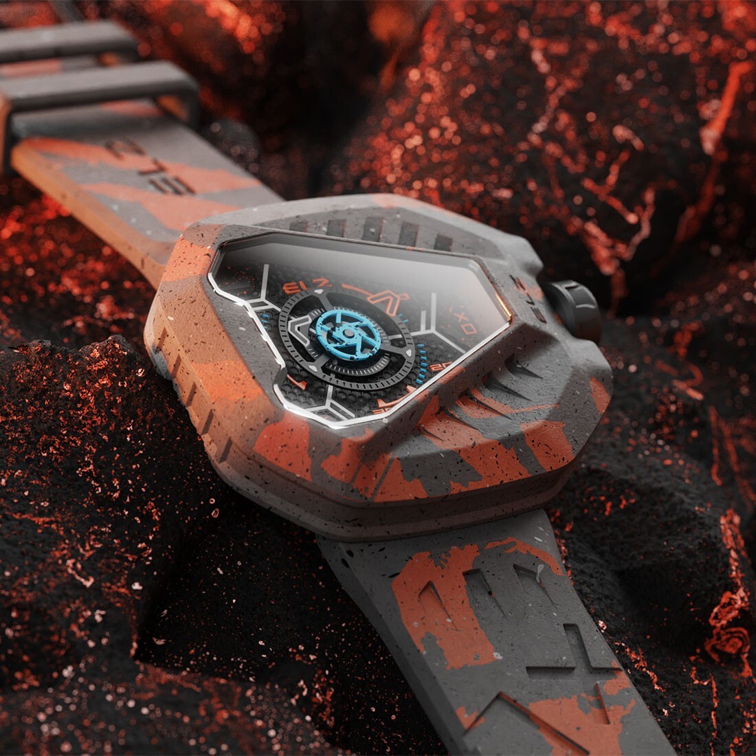 The ElectricianZ XO The Lunar Swiss Quartz Rubber Neon Orange PVD Men’s Watch