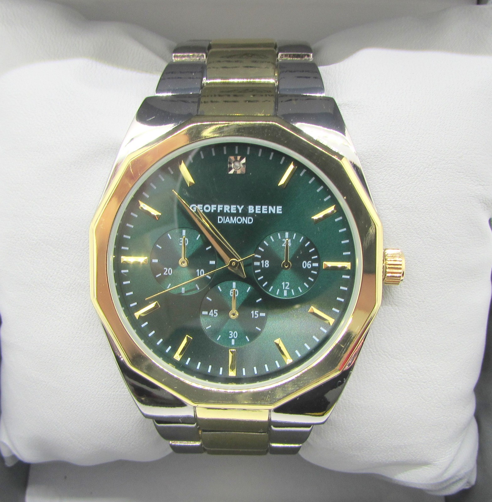 NEW Geoffrey Beene Genuine Diamond Silver & Gold Dodecagon Men’s Wrist Watch