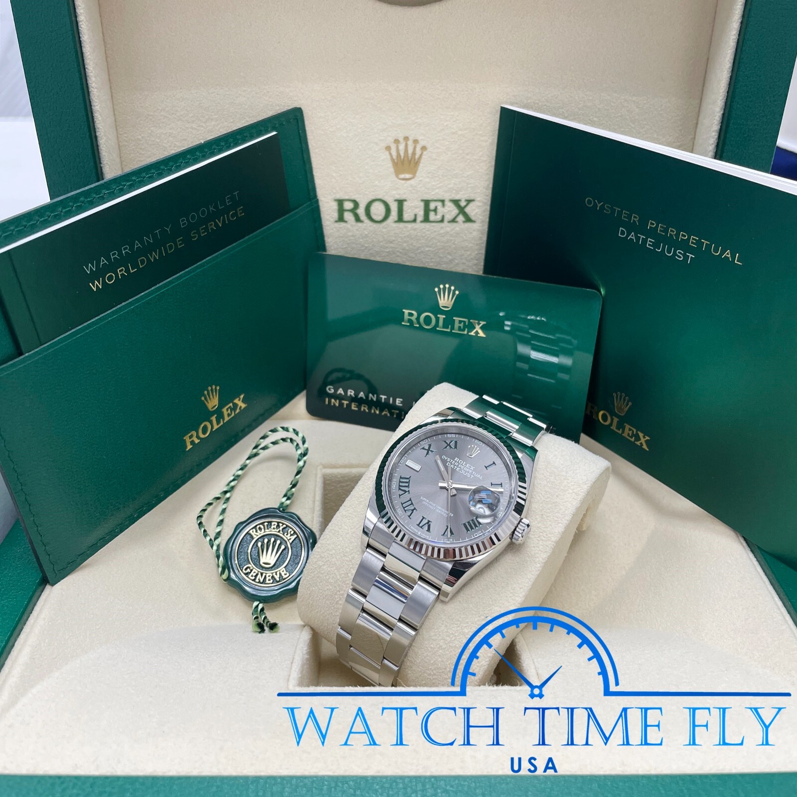 Rolex Datejust 36mm 126234 Fluted Bezel Wimbledon Rhodium Roman Dial Oyster Band