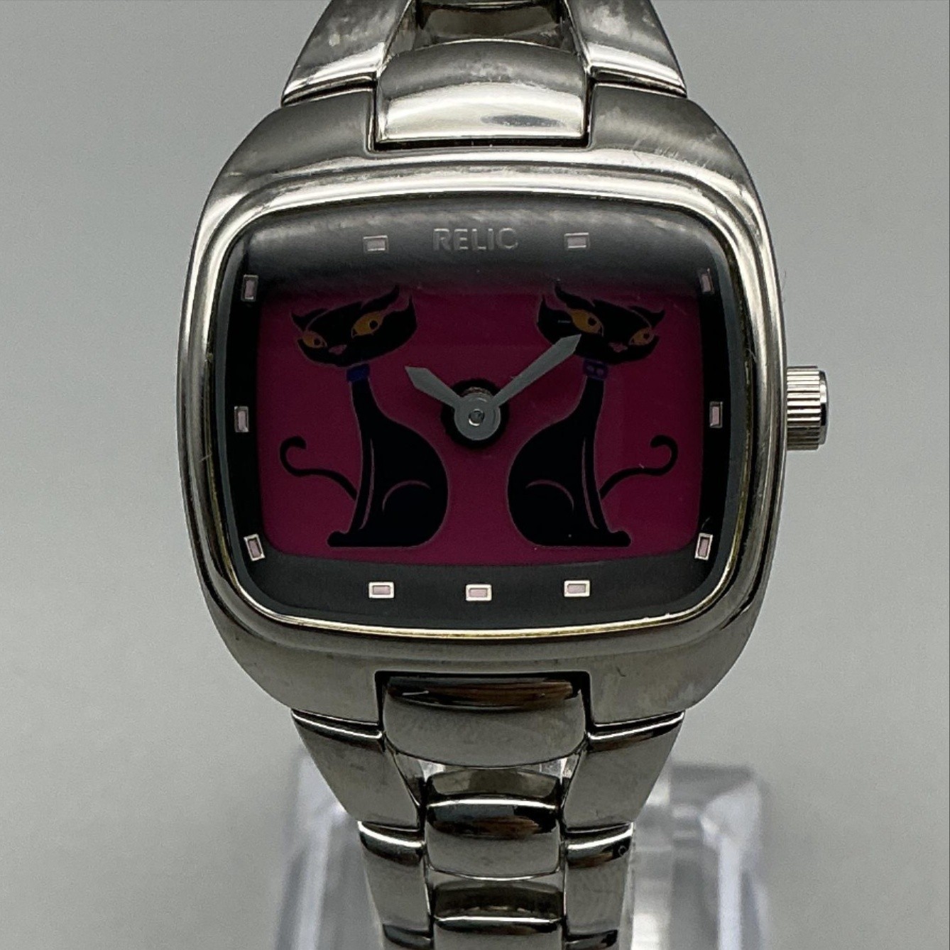Relic Womens Watch 28mm Pink Cat Dial Silver Tone Stainless New Battery 6.75″