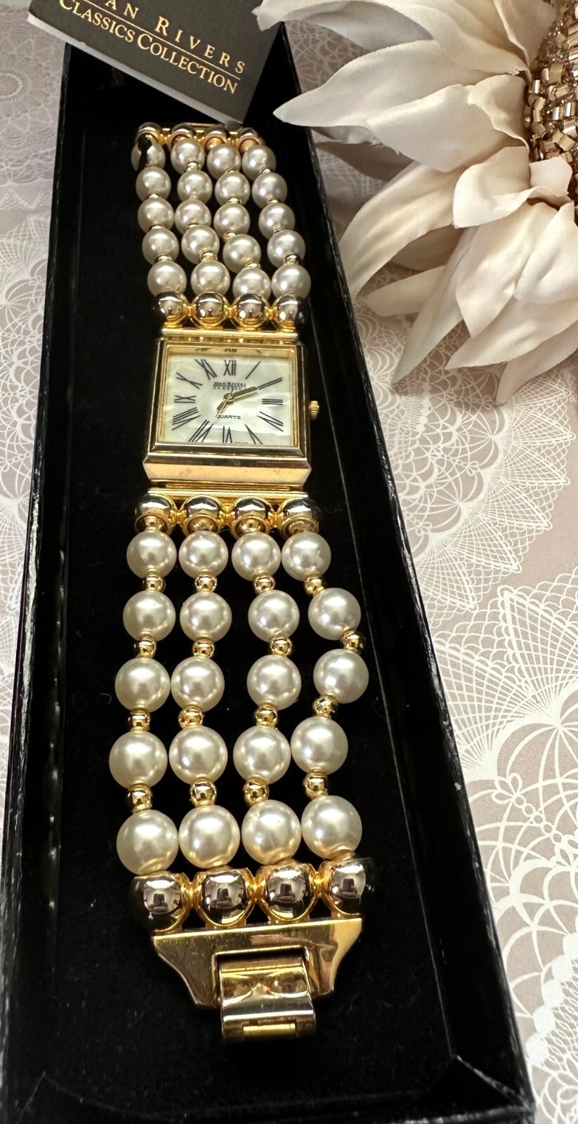 Joan Rivers Classics Collection Faux Pearl & Gold Bead Watch With Quartz Movemen
