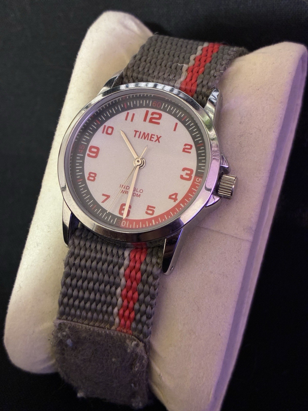 Timex Indiglo Casual Sport Watch White Dial Red Arabic Numbers Grey Stripe Nylon