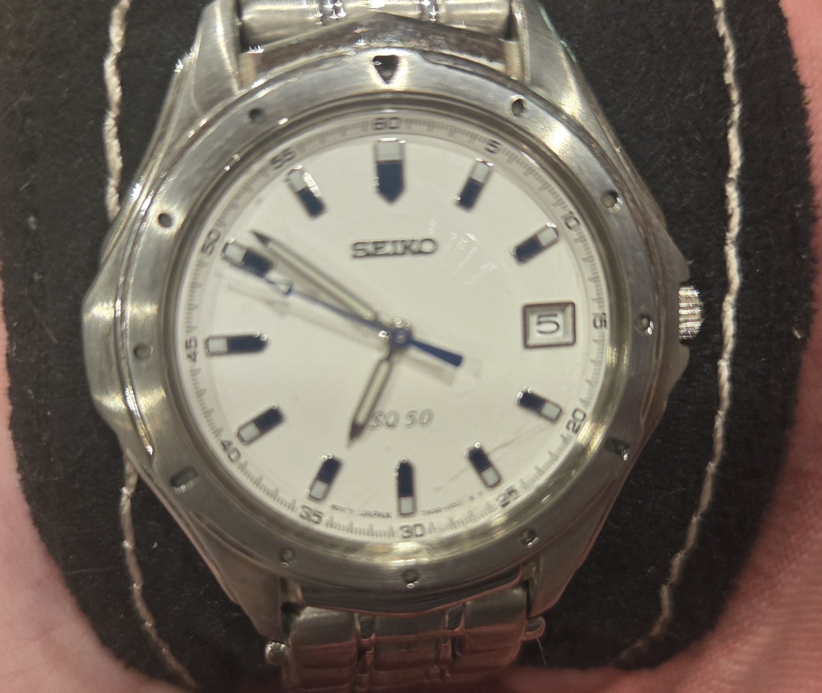 Vtg Seiko SQ50 Quartz Men’s Watch White Dial Date Stainless Steel Bracelet Watch
