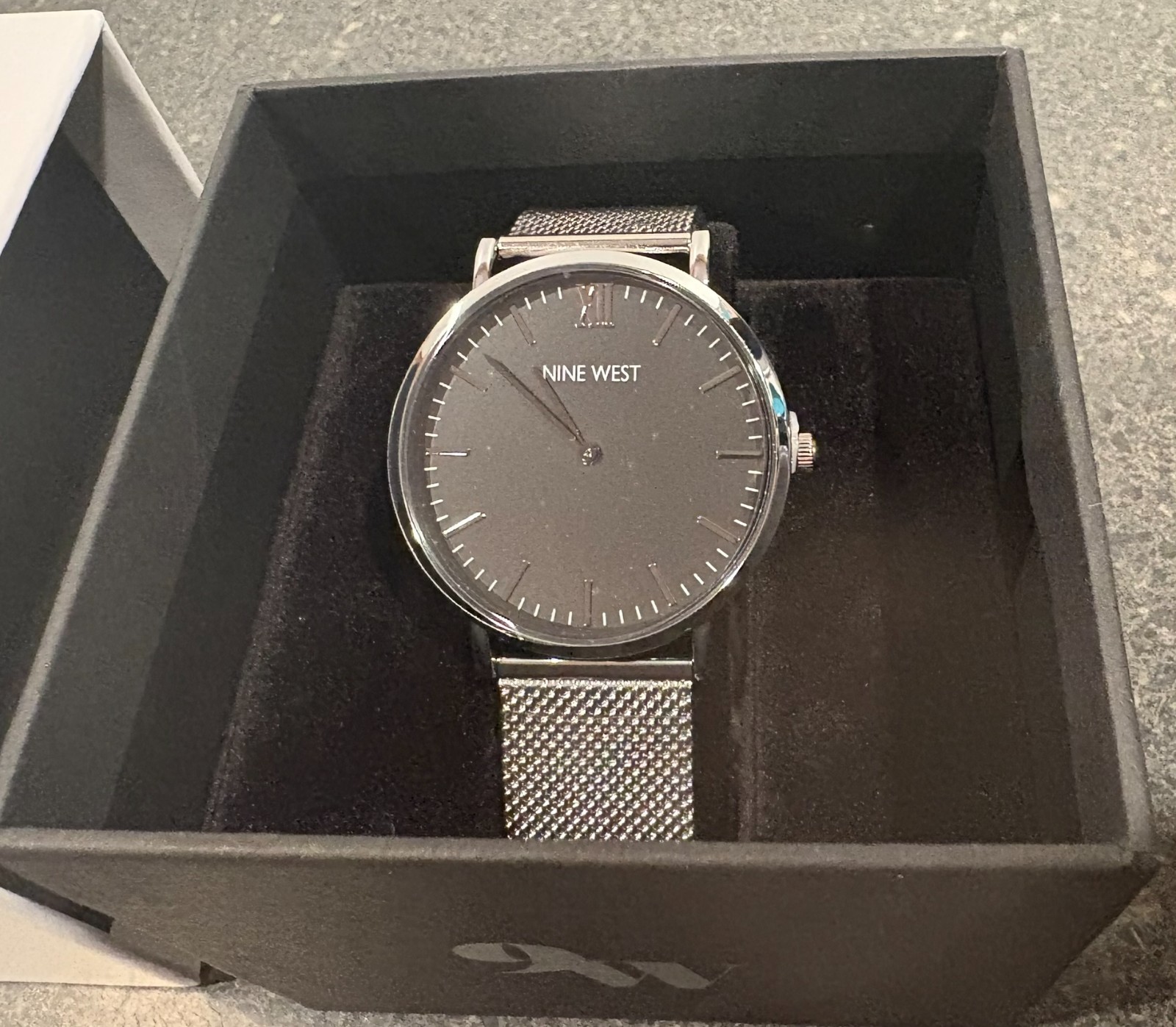 Nine West mens Asher Watch NWW1621MF Stainless Mesh Band Black Face NEW in Box