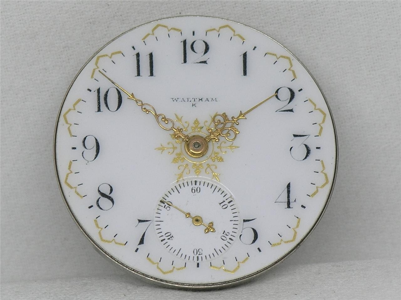 ANTIQUE 16S WALTHAM GOLD FOIL & ENAMEL FANCY DIAL POCKETWATCH MOVEMENT, RUNNING!