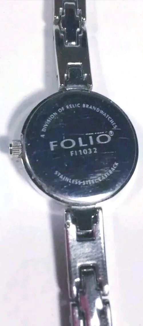 Women Folio Watch By Fossil Fl1032 Silver Case Bracelet Band Black Face Swiss