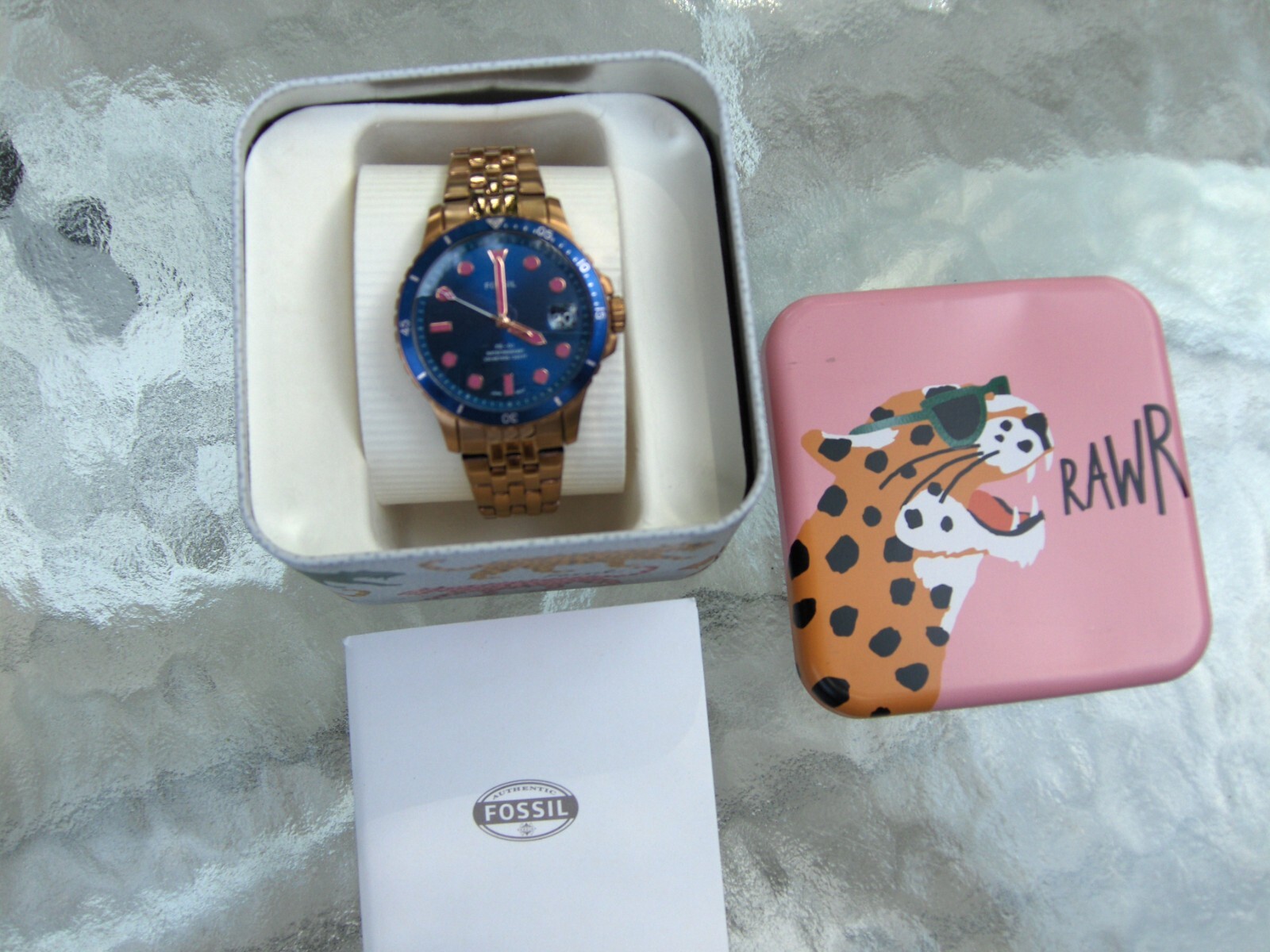 FOSSIL ES 4767 FB-01 ROSE GOLD TONE BRACELET NAVY DIAL PINK MARKERS DATE WINDOW