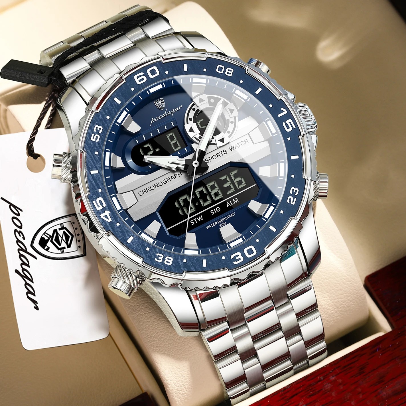 POEDAGAR Electronic Fashion Man Wristwatch Week Date LED Luminous Men Watch Dua