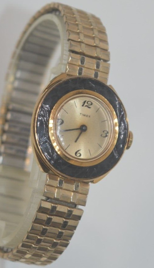 Vtg Timex Watch Womens Gold Tone Black Bezel 1974 Mid century Mod. GUARANTEED