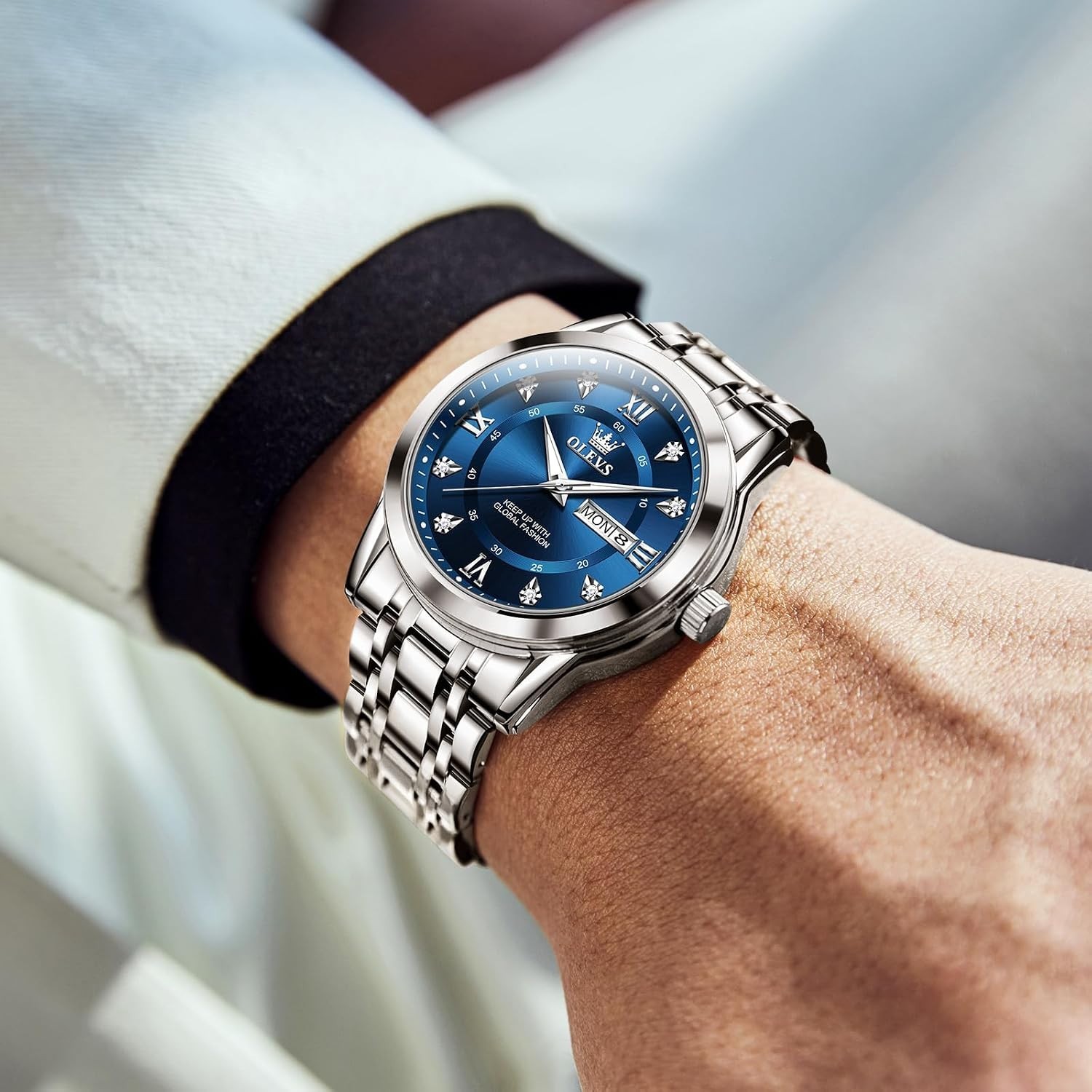 Men’s Large Face Stainless Steel Quartz Watch with Day Date & Diamond Indices
