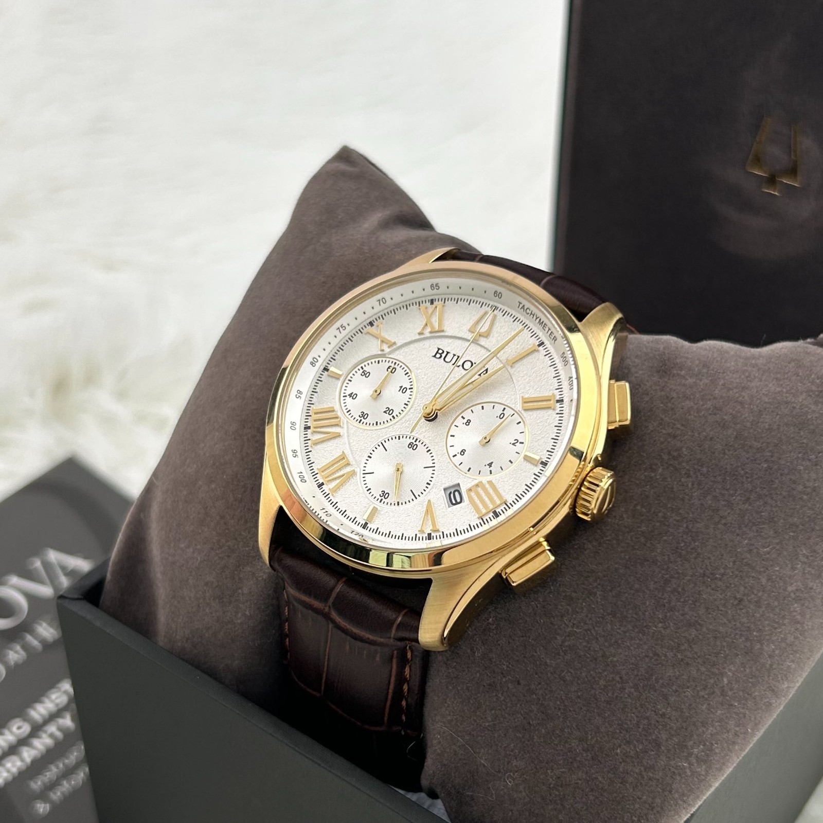 Bulova 97B169 Wilton Chronograph Gold Tone Brown Leather Men’s Watch 46.5mm
