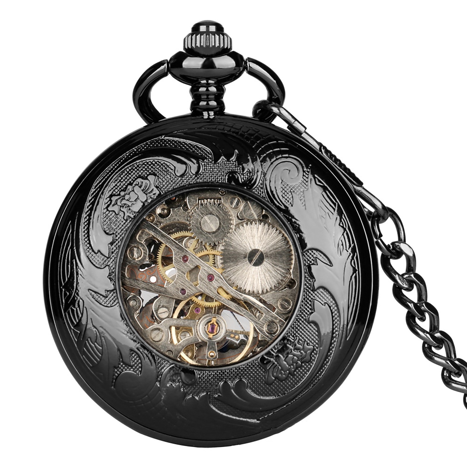 1 PC Mens Skeleton Mechanical Pocket Watch Hollow half Hunter Pocket Watch