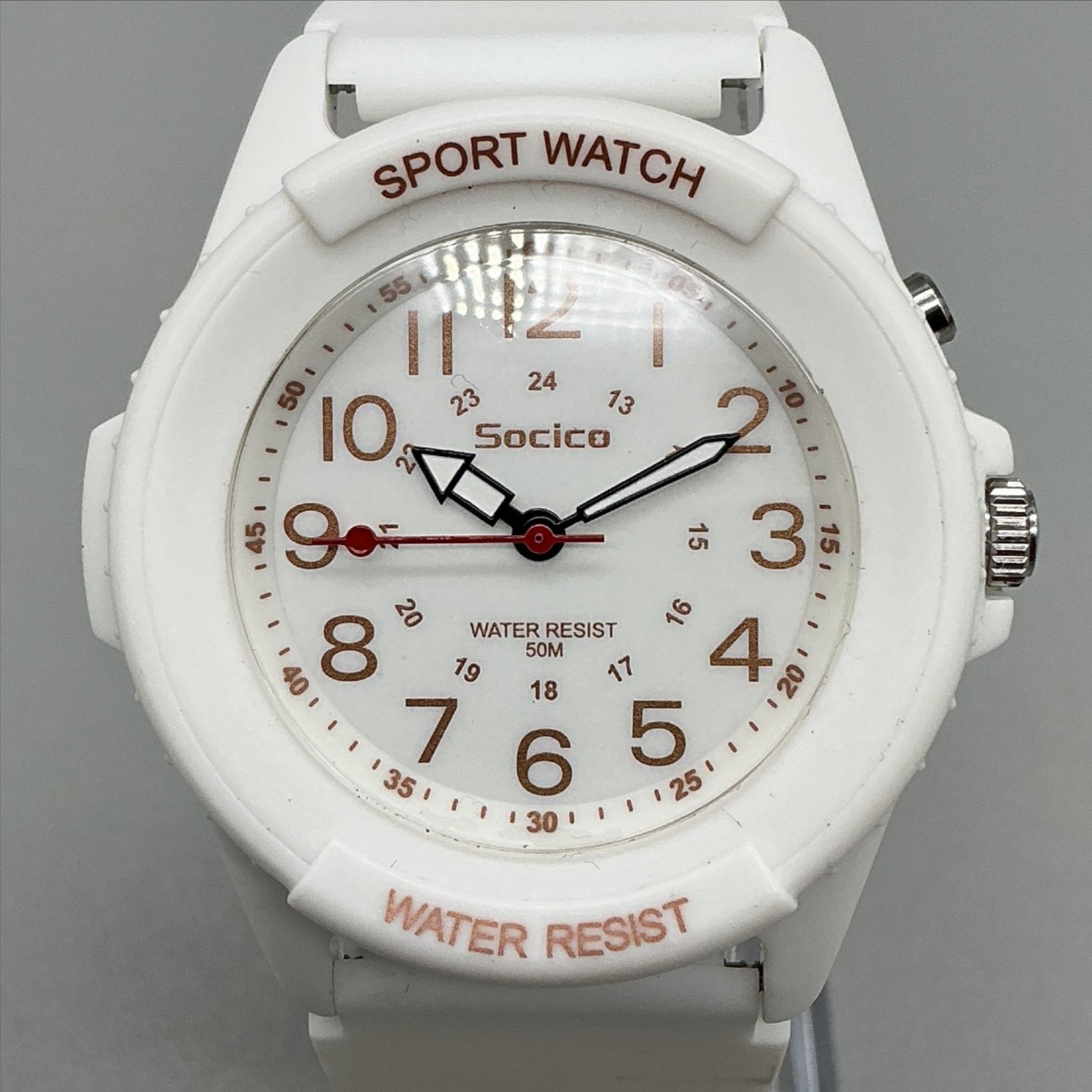 Socico Mens Watch 42mm White Dial Red Numbers White Sport 50M Luminous