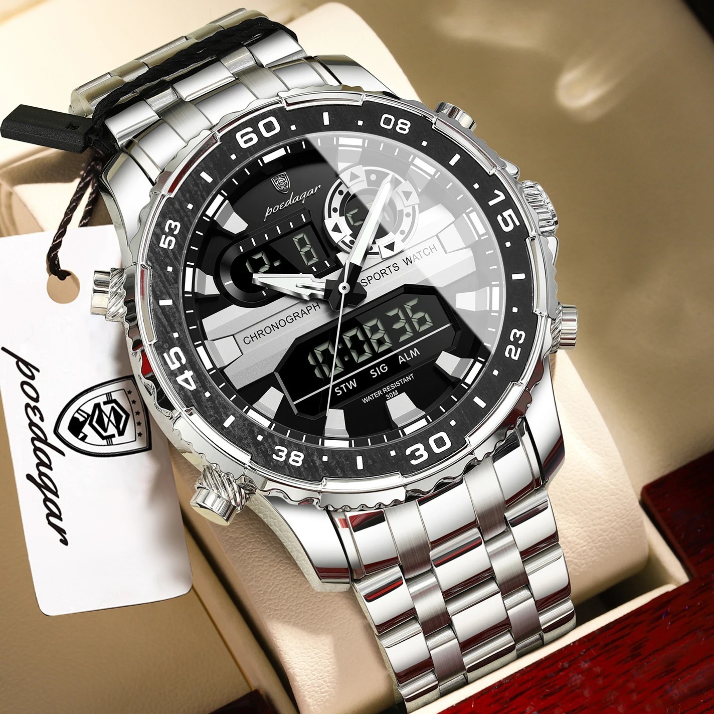 POEDAGAR Electronic Fashion Man Wristwatch Week Date LED Luminous Men Watch Dua