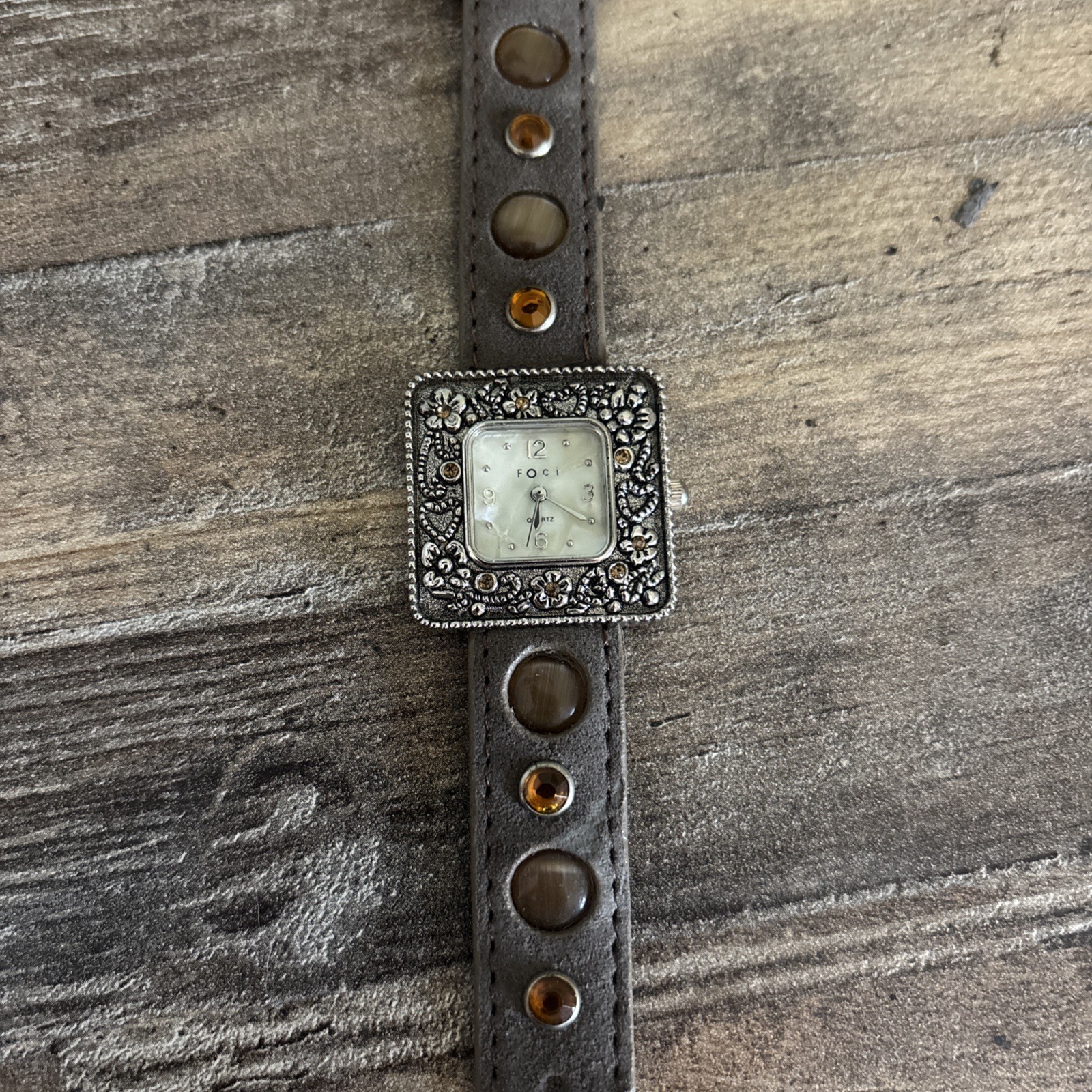 Foci Women’s Square Quartz Wristwatch Gemmed Floral Bezel Brown Leather Strap