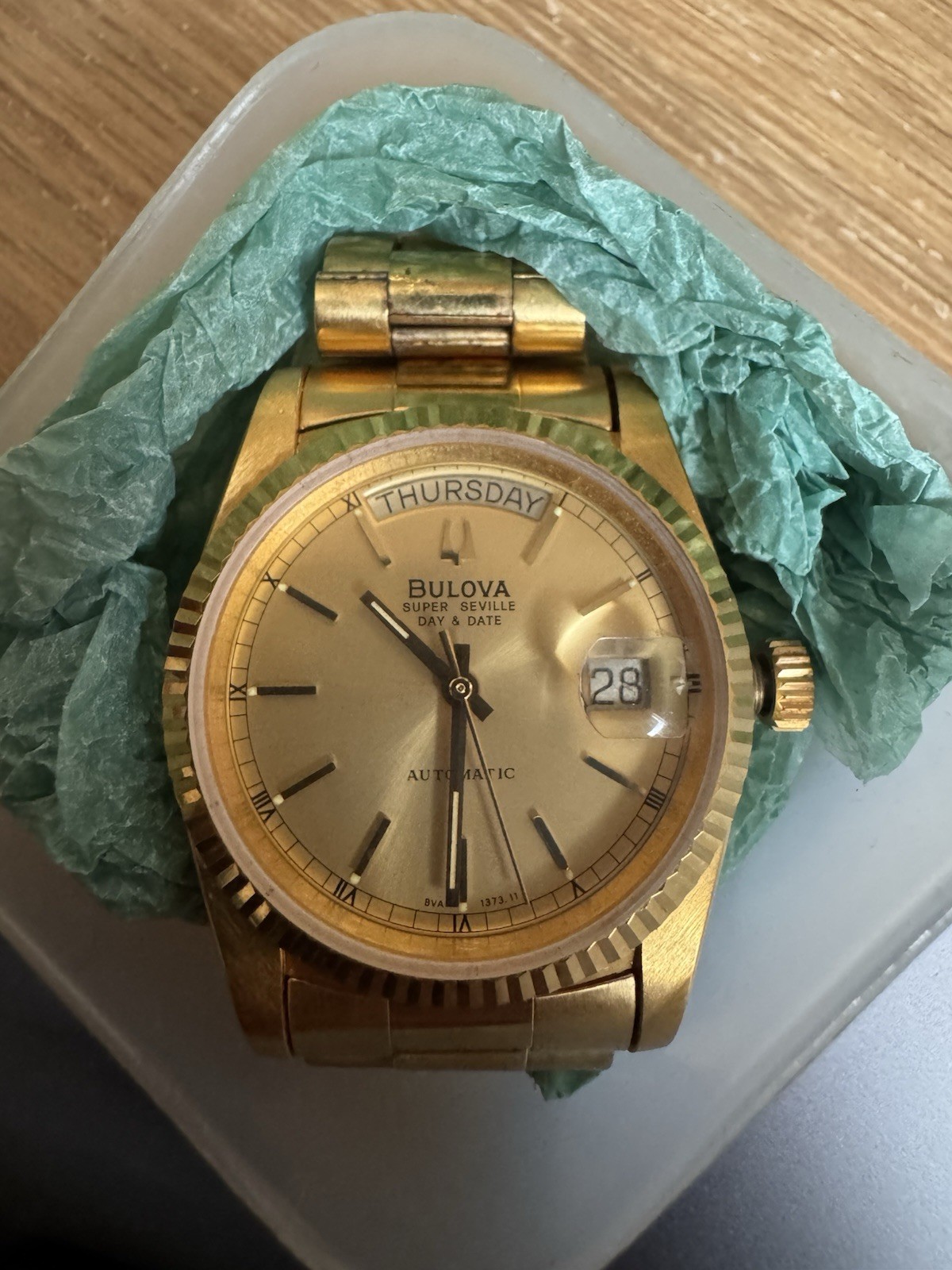 BULOVA Super Seville 35mm 19cm 7.5in Day Date Automatic Gold Watch Working