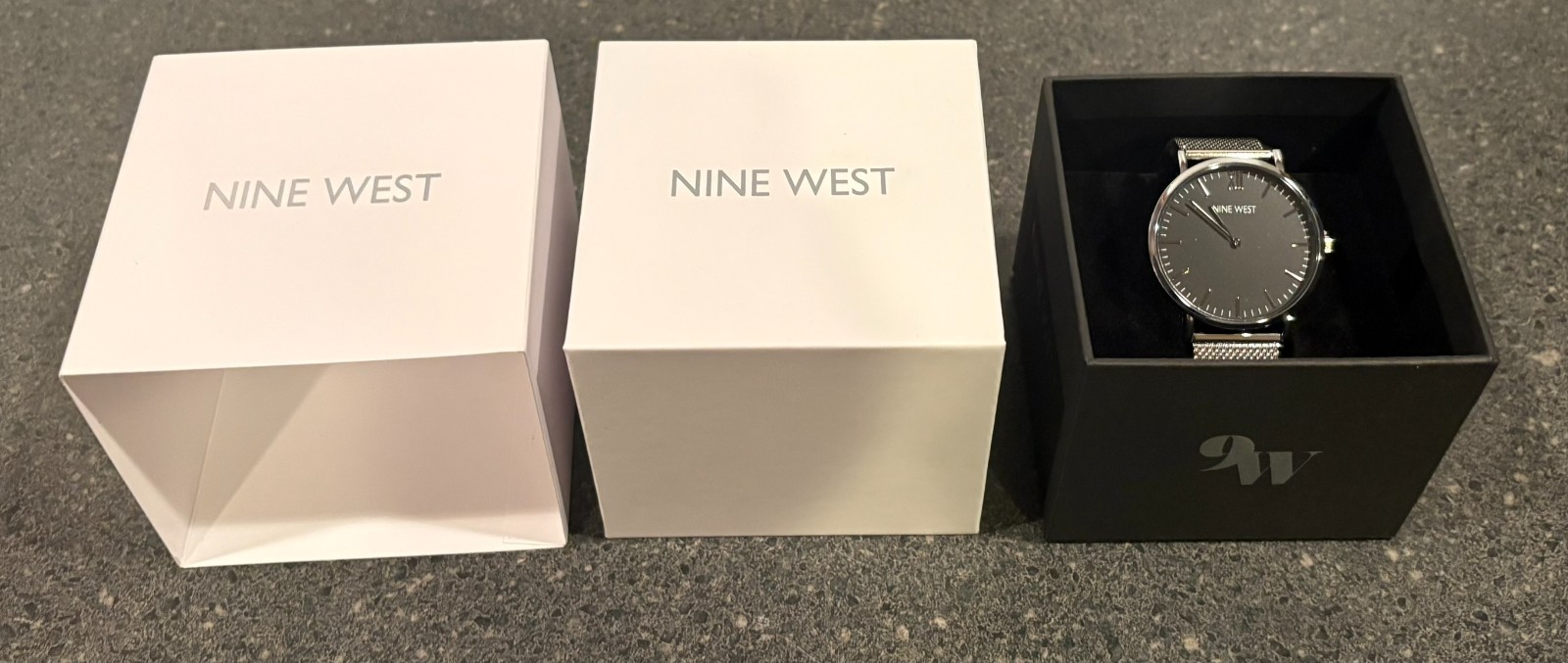 Nine West mens Asher Watch NWW1621MF Stainless Mesh Band Black Face NEW in Box