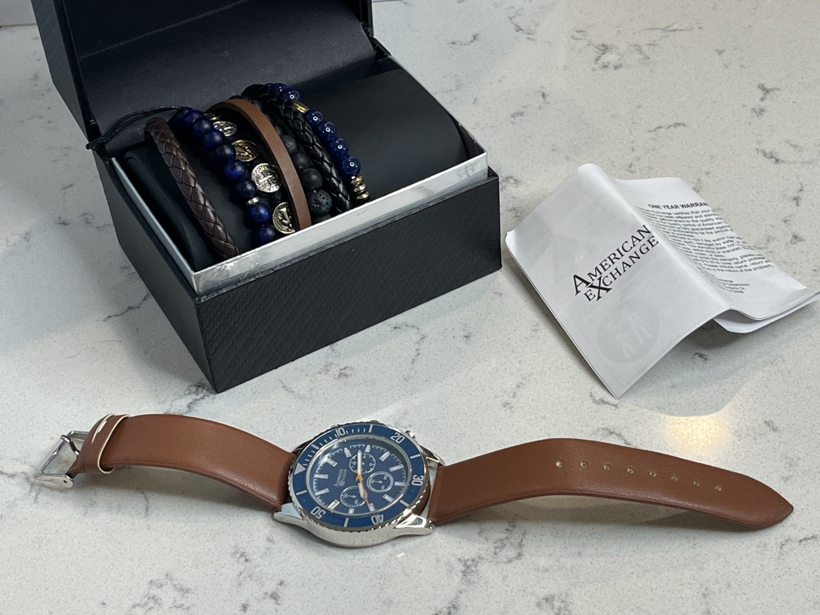 American Exchange Men’s Ocean Blue Metal Alloy Watch & 4 Bracelet Gift Set NIB