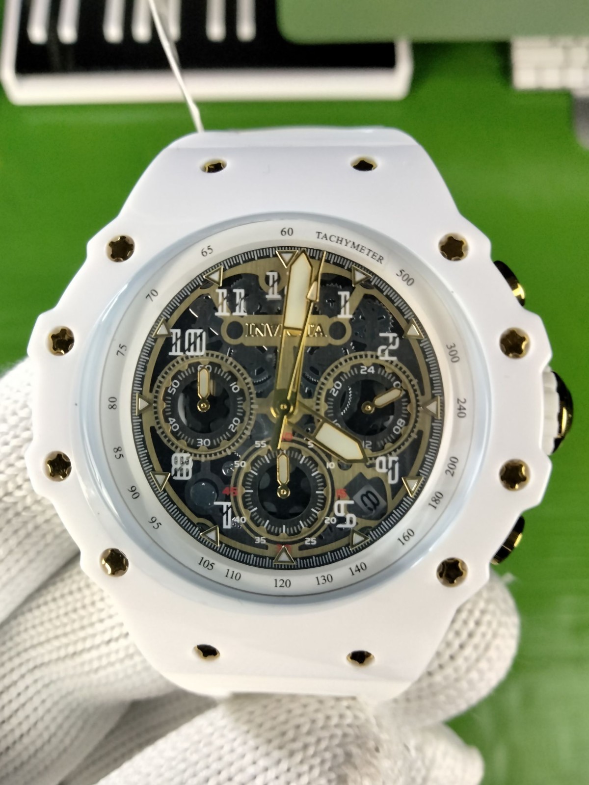 Invicta Racing 69649 Men White Skeleton Gold Dial Silicone Quartz Watch 43.5 mm