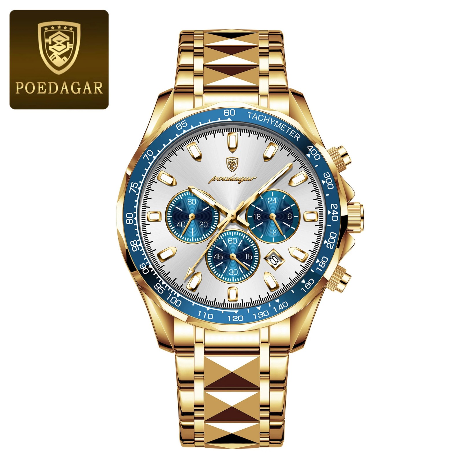 POEDAGAR Men’s Chronograph Watch Date Luminous Waterproof Stainless Steel