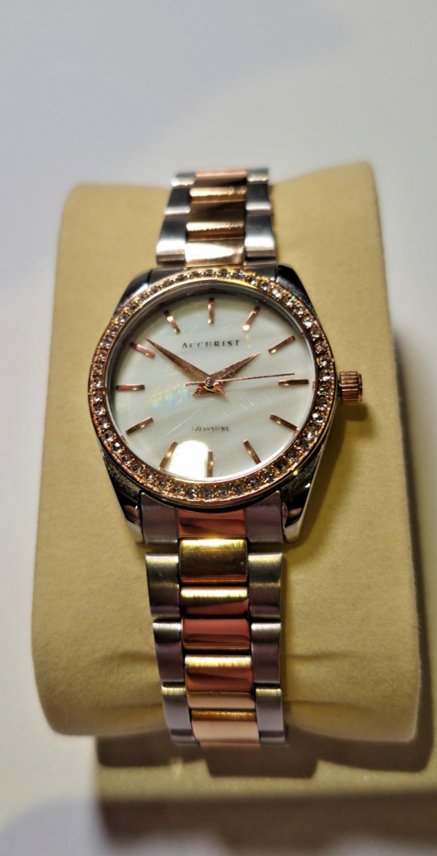 Accurist Two Tone & Crystal Bezel Shell Effect Dial Womans Quartz Wrist Watch