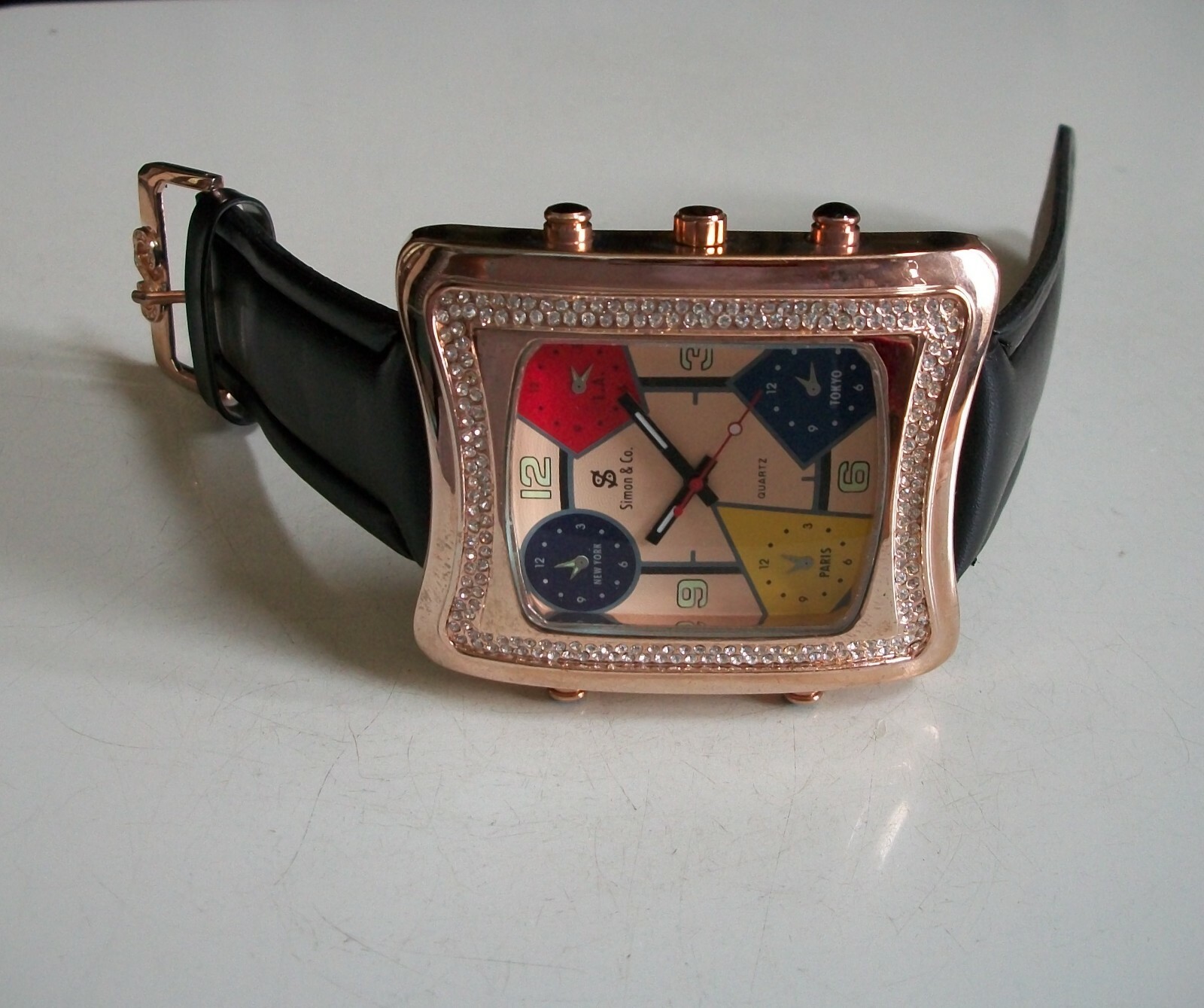 Men’s Stone Rose Gold Multicolor Black Leather Band Fashion Hip Hop Watch