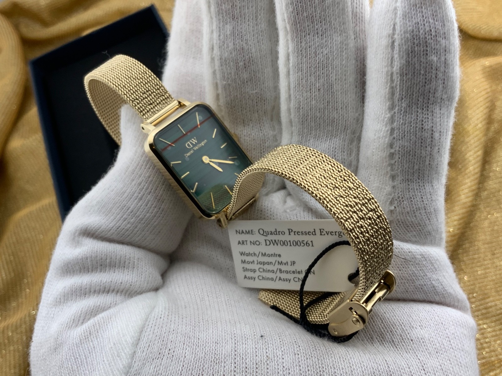 Daniel Wellington Quadro Pressed Evergold Green Gold Mesh Watch RRP £145 20x26mm
