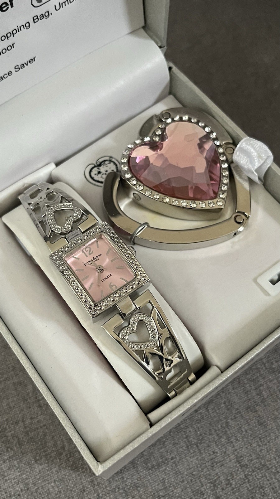 Prima Donna New York Women’s Quartz Pink Dial Silver Bracelet Watch & Brooch Set