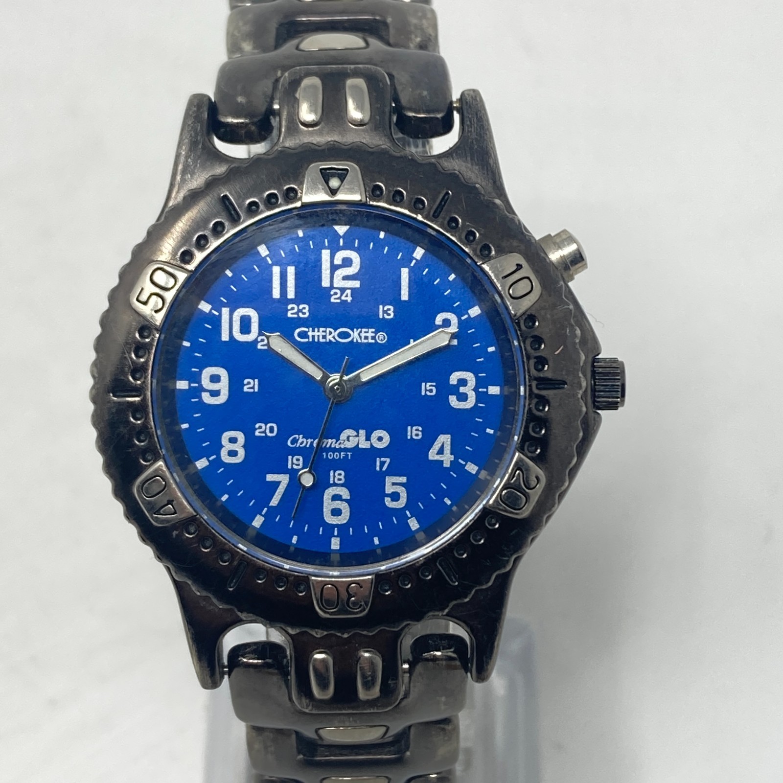 Cherokee Watch Men 37mm Gunmetal Gray Blue Dial ChromGlo 30M WR New Battery 8″