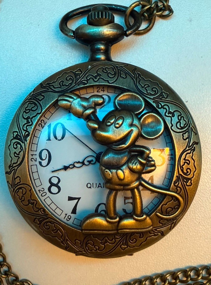 Vintage Style Mickey Mouse Pocket Watch with Chain – Needs New Battery
