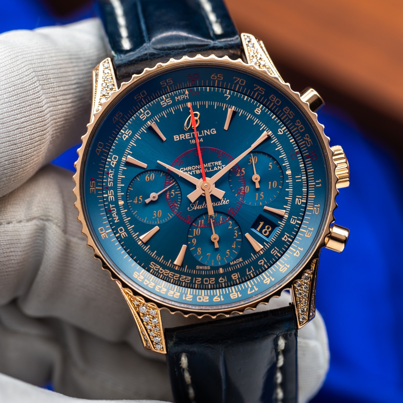 BREITLING Montbrilliant 40mm Factory Diamond Rose Gold Blue Dial RB0130AL.C896