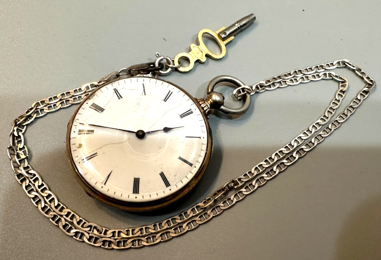 Silver Key Wind Swiss Pocket Watch, 40mm, with 18in silver chain
