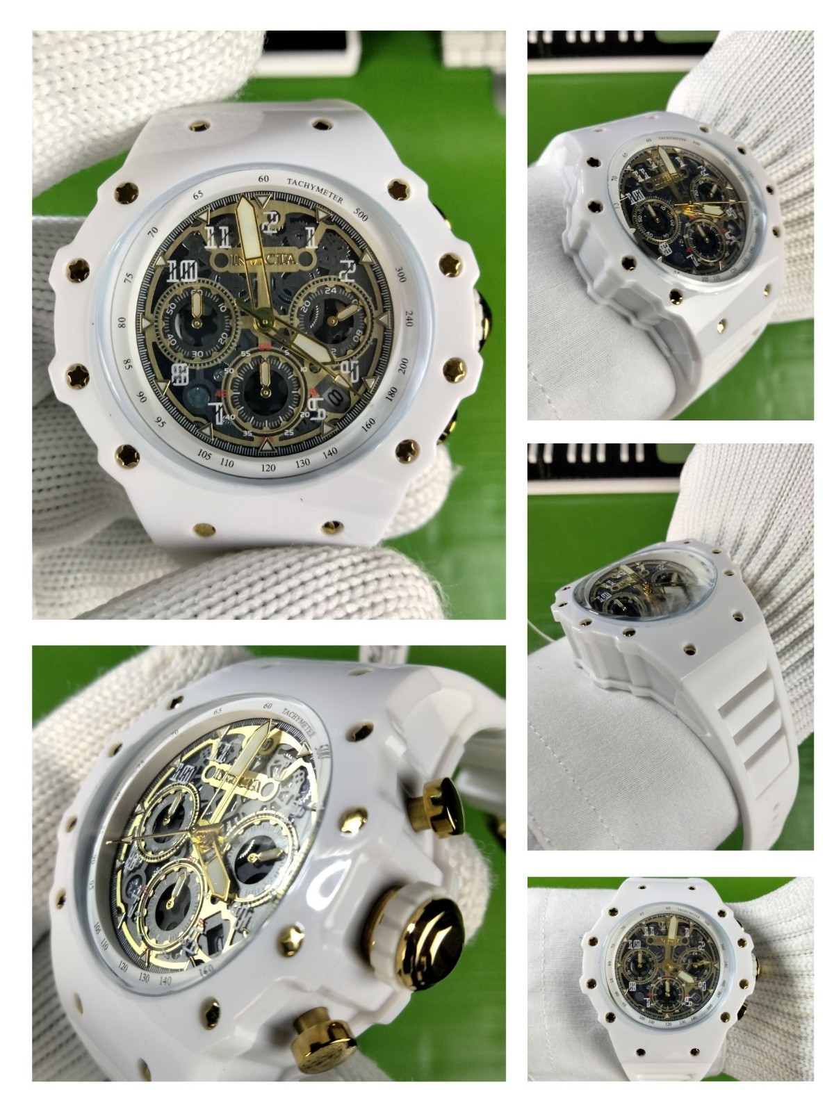 Invicta Racing 69649 Men White Skeleton Gold Dial Silicone Quartz Watch 43.5 mm