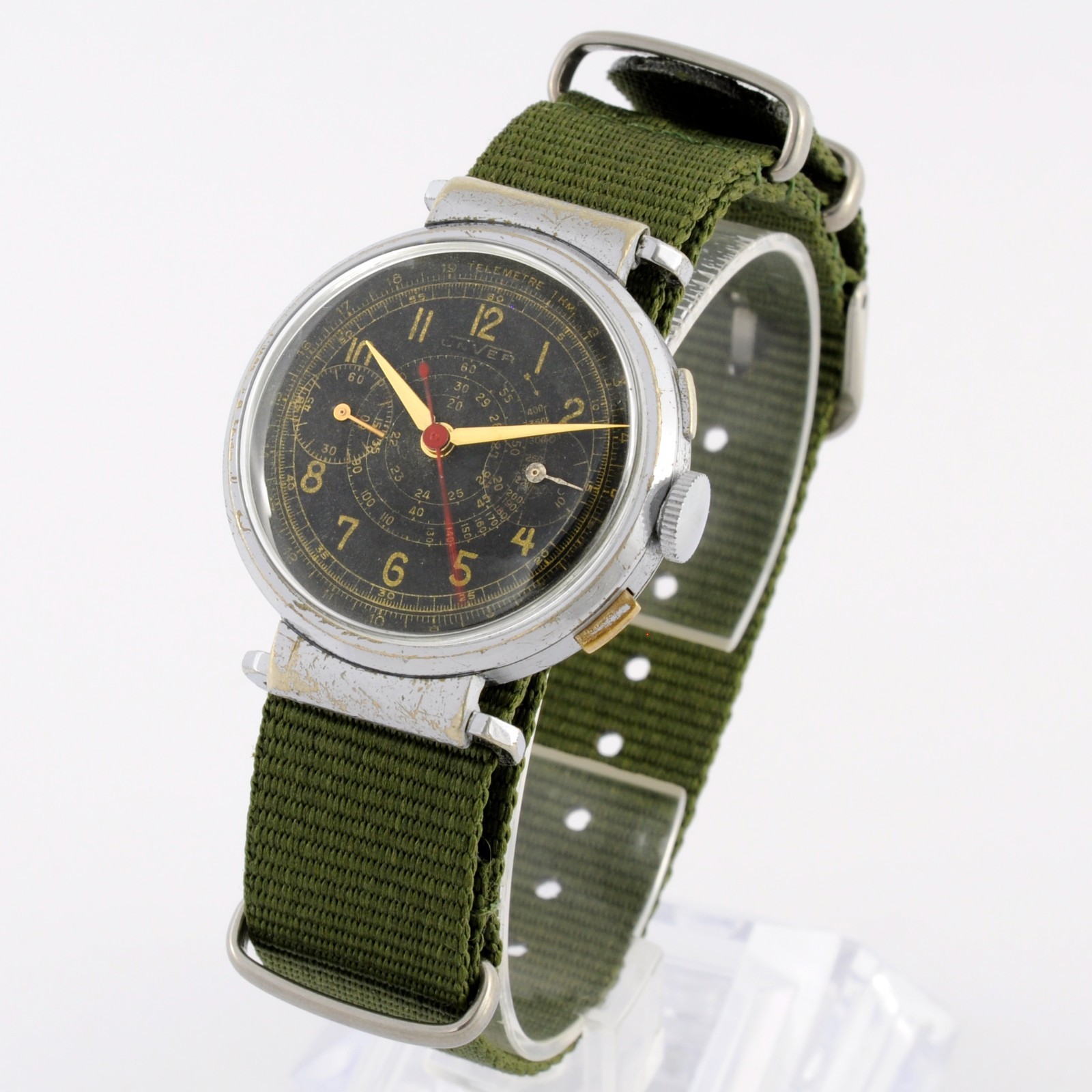 REAL VINTAGE TRENCH MILITARY CHRONOGRAPH RARE SNAIL DIAL MANUAL WIND SWISS WATCH