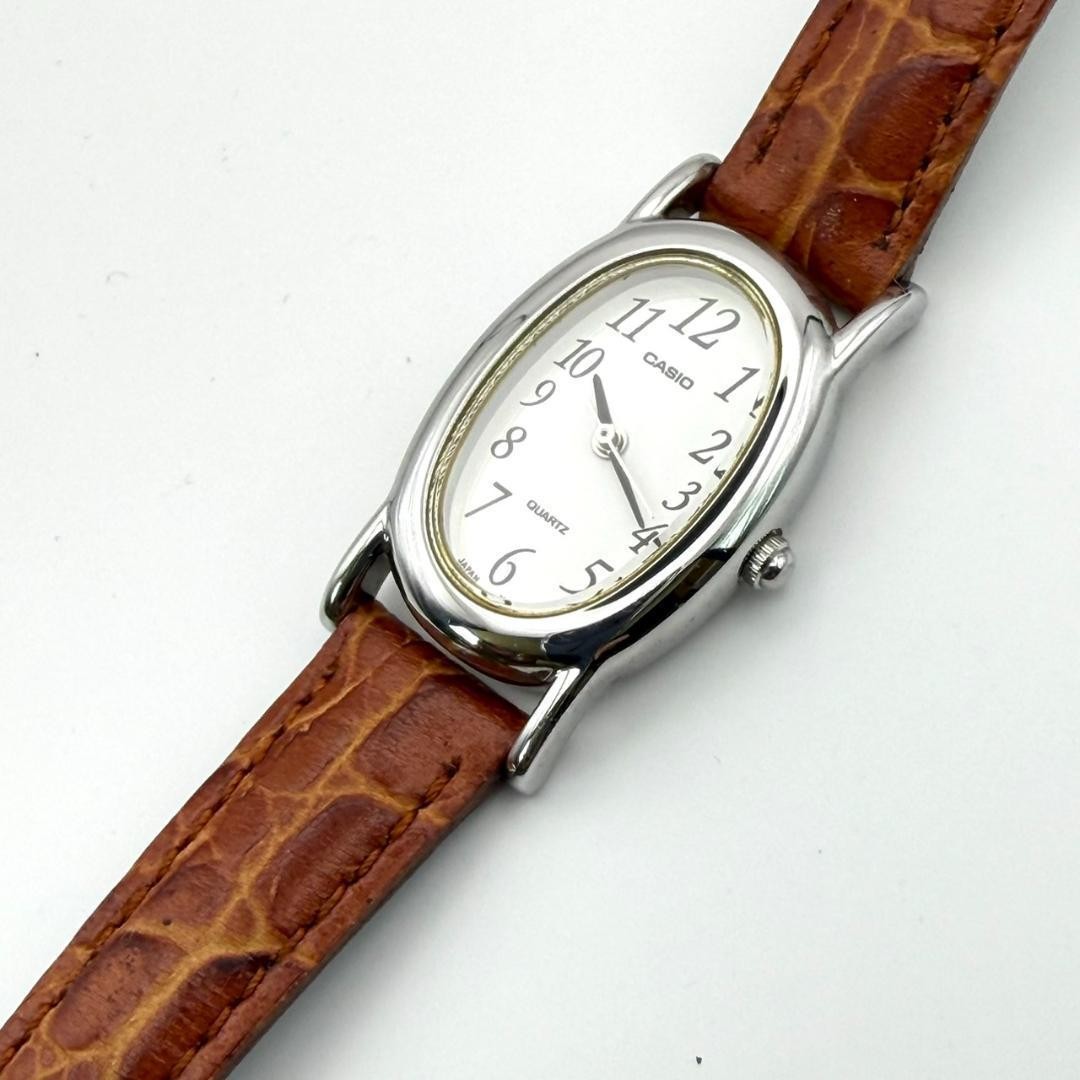 Casio Oval Watch, Battery Replaced, Gold, Genuine Leather Strap, Brown, Working
