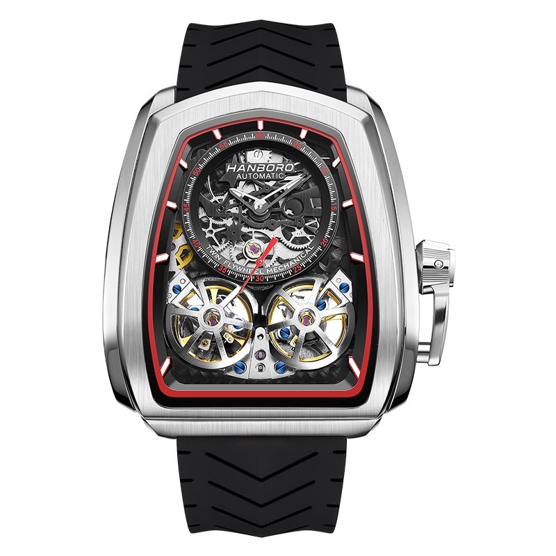 HANBORO Men Automatic Watch Tonneau Mechanical Wristwatch Luminous Dual Flywheel