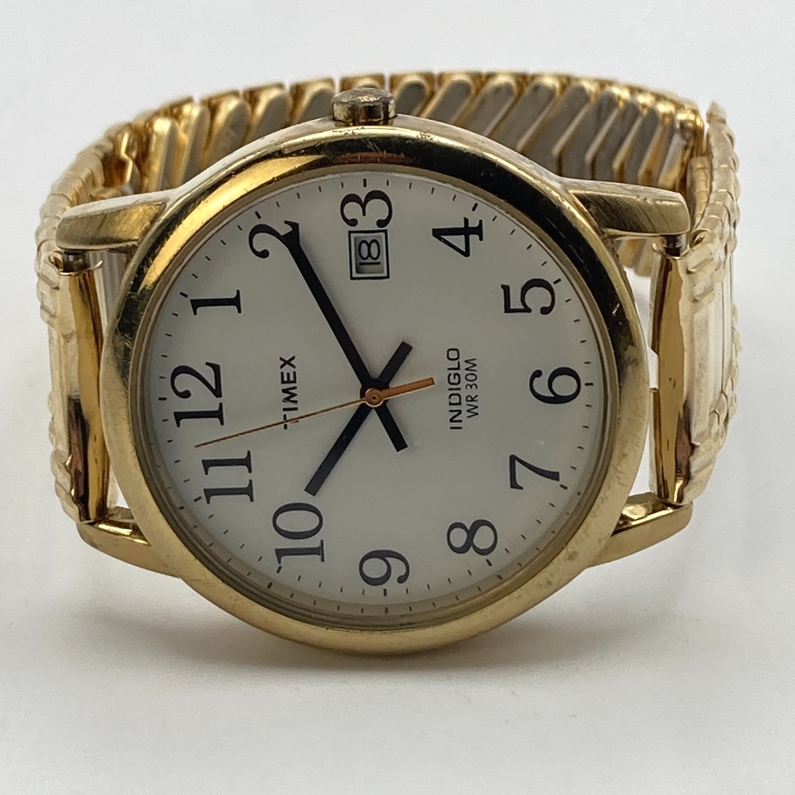 Timex Easy Reader Mens Watch 35mm Gold Tone Indiglo Date Stretch 30M New Battery