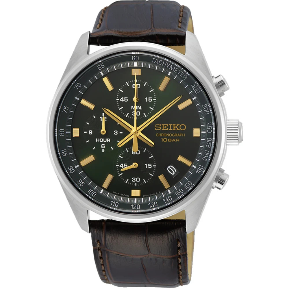 Seiko Conceptual Mens Quartz Watch SSB385P1 Chronograph Green Dial Leather 100M