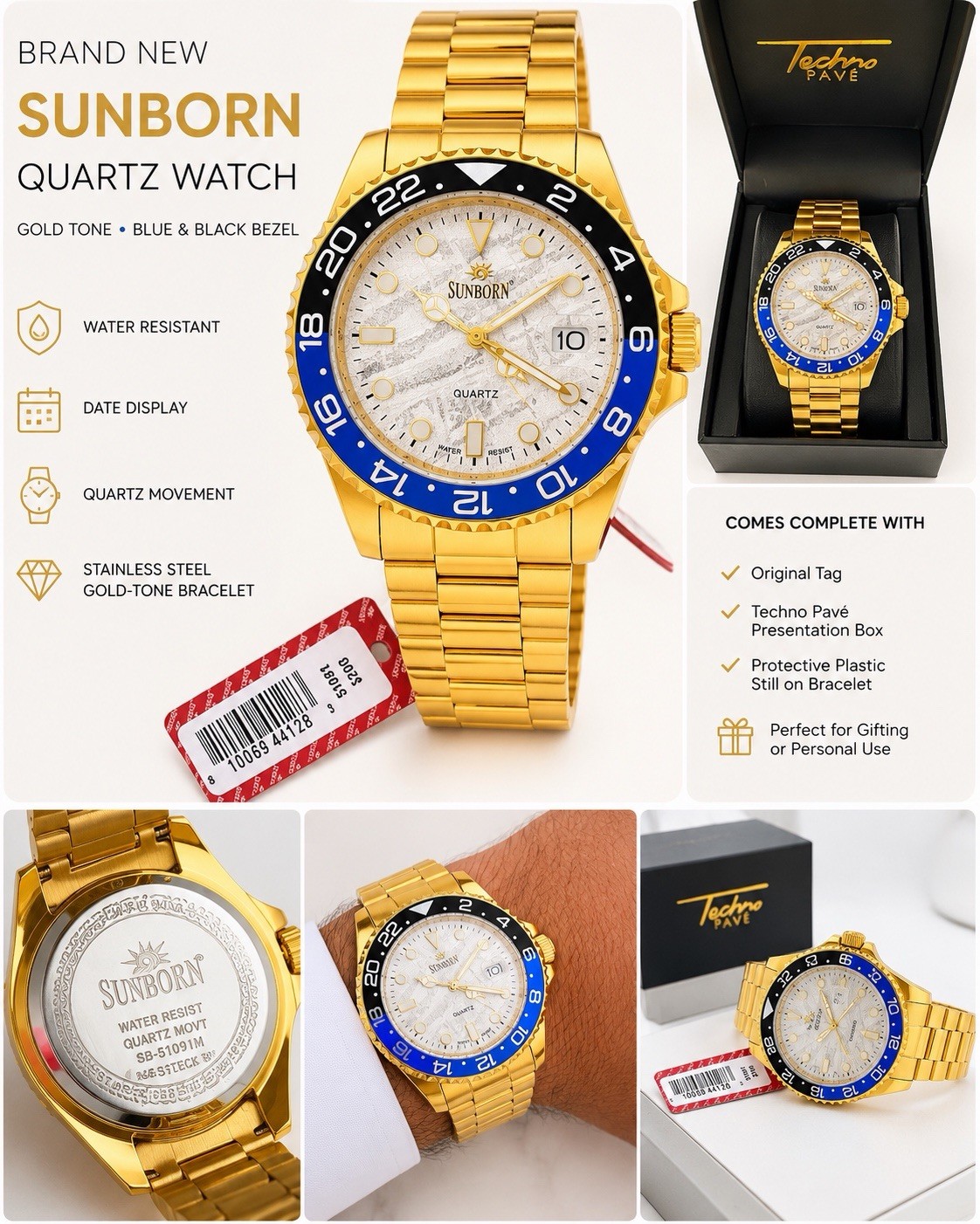 Sunborn Men’s Quartz Date Gold Tone Stainless Steel Bracelet Blue/Black Bezel