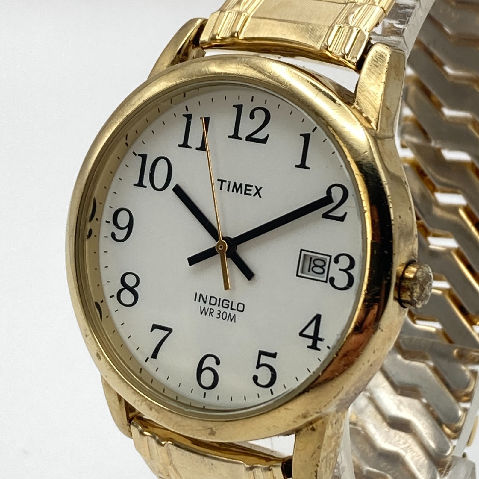 Timex Easy Reader Mens Watch 35mm Gold Tone Indiglo Date Stretch 30M New Battery